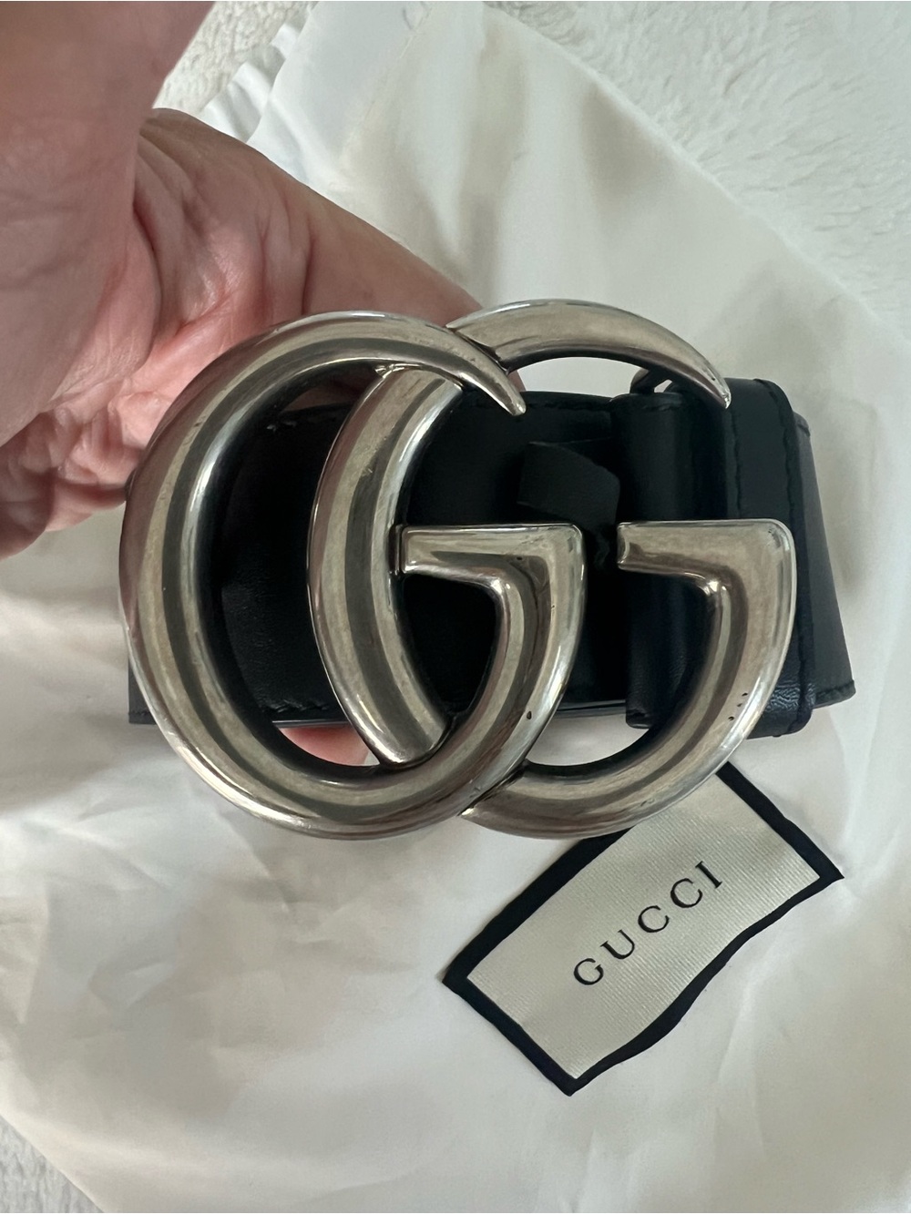 Gucci Silver Black Leather Logo Belt